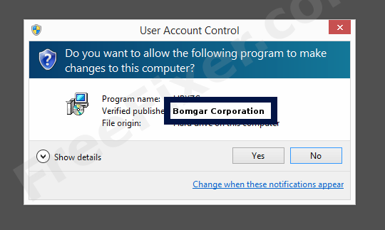 Screenshot where Bomgar Corporation appears as the verified publisher in the UAC dialog